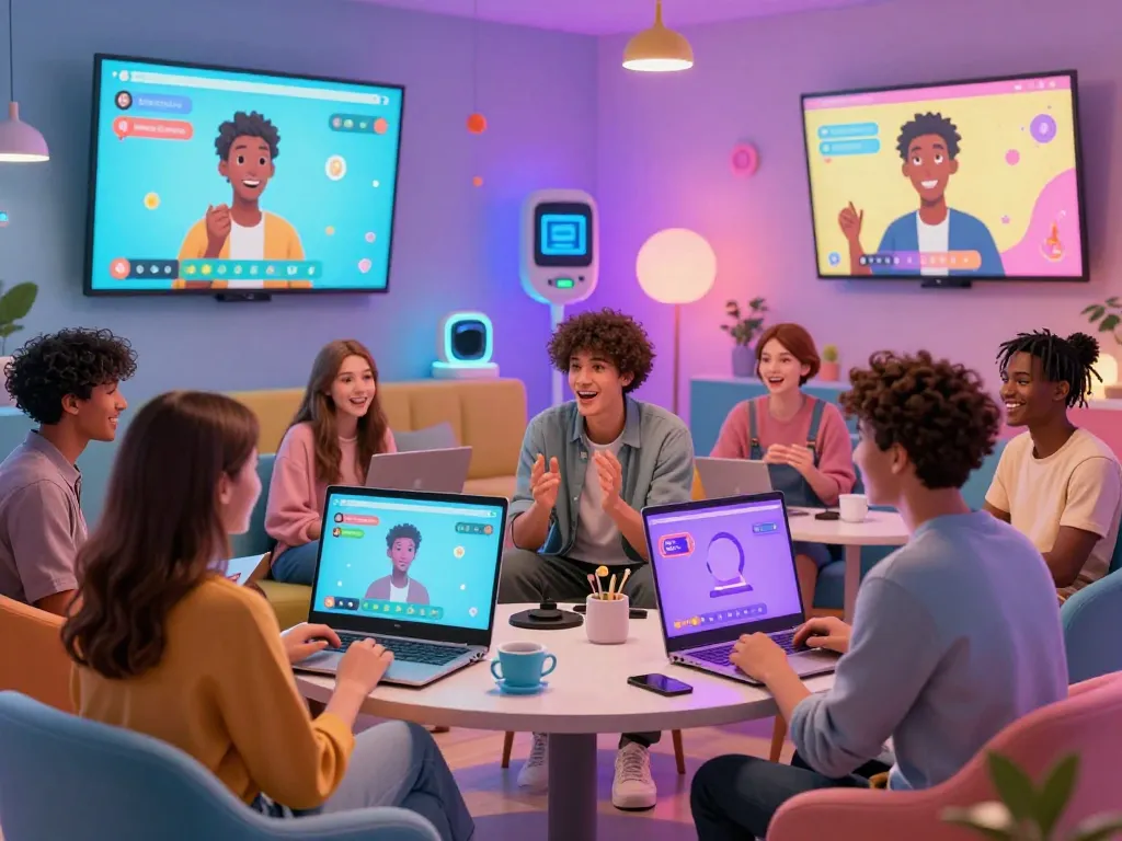 Engaging scene showcasing people using free AI sex chat avatars in a colorful digital lounge, highlighting emotional interactions.