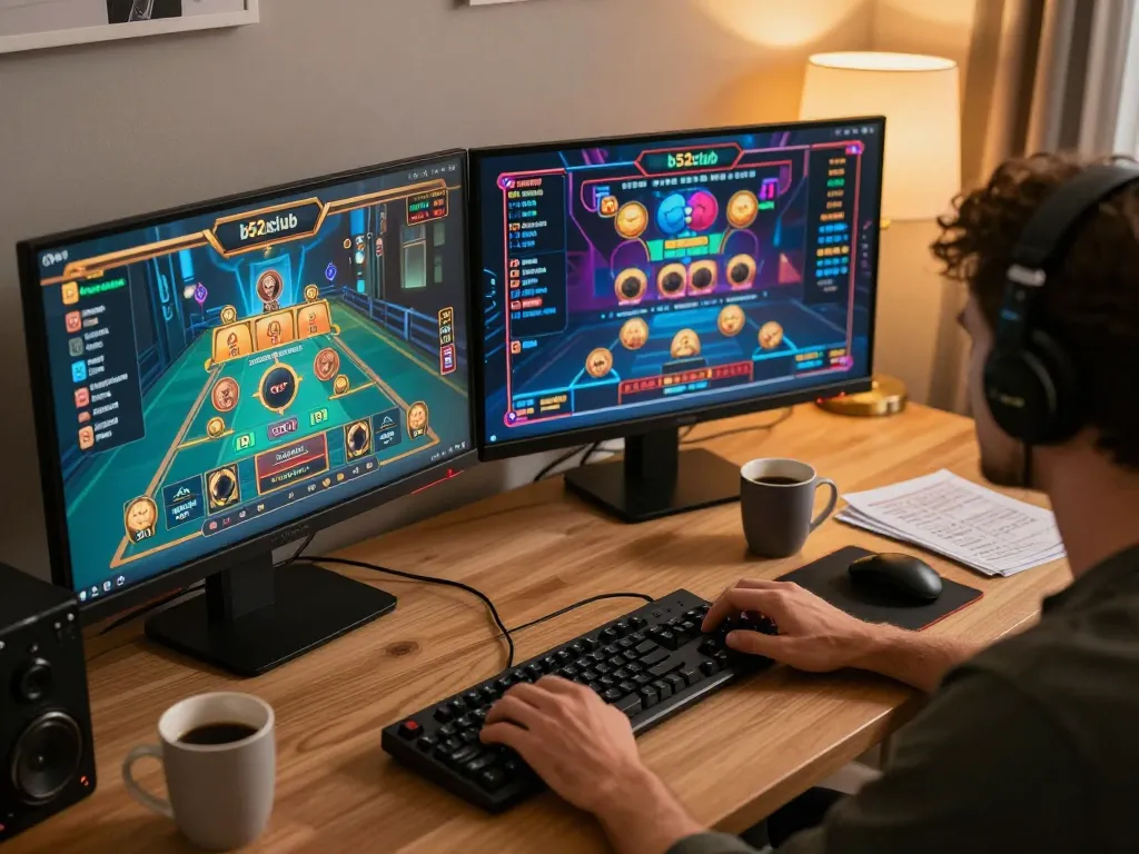 B52CLUB player engaged at home with dual screens displaying exciting casino games, demonstrating online gaming action