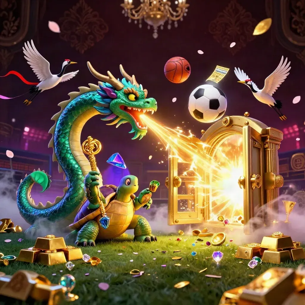 Jade dragon, turtle sage, and cranes explode around a flying soccer ball in luxe casino art.