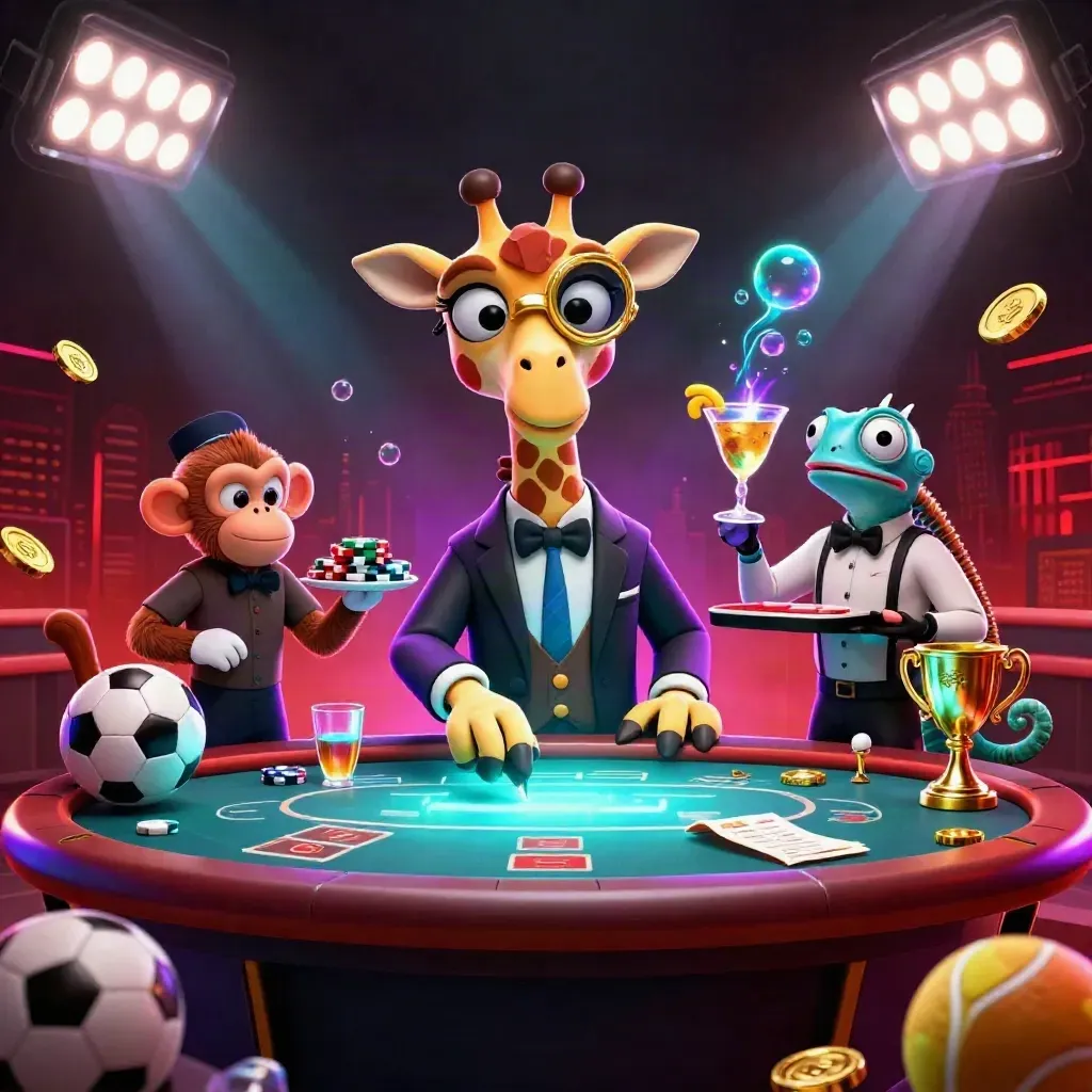 Giraffe, monkey, and chameleon amid flying balls, coins, and neon stadium lights in a casino scene.