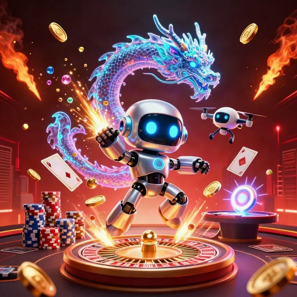 Cyberpunk robot, holographic dragon and coin drone amid casino magic, coins, cards and glowing lights.