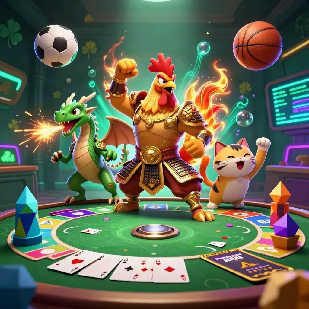 Rooster warrior, dragon hatchling, and fortune-cat amid casino chips, cards, balls, and neon glow.