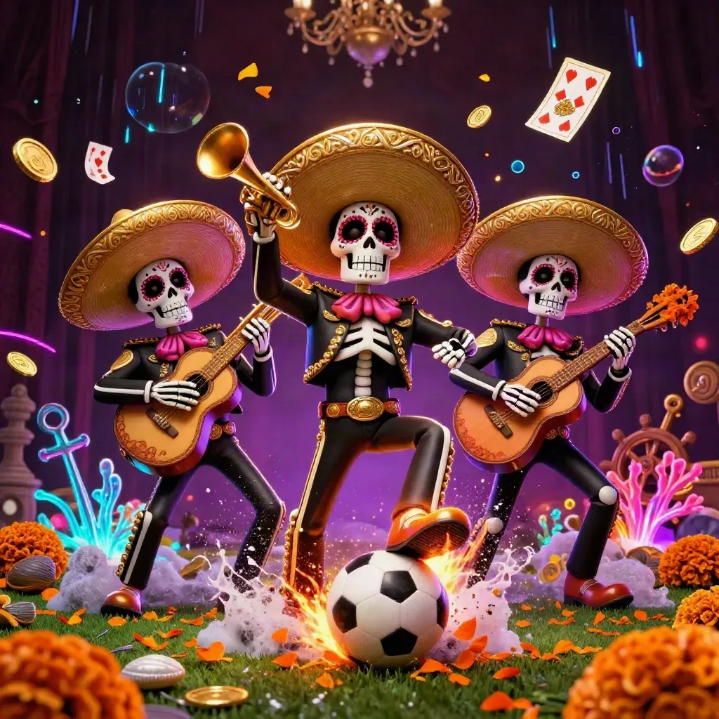 Skeleton mariachi trio, soccer ball, basketball, coins, coral, and neon casino glow