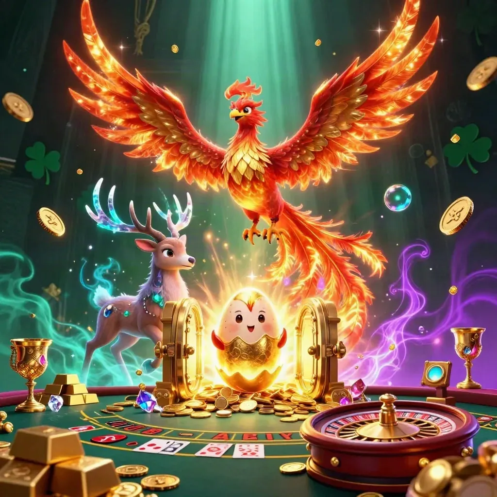 Fire phoenix, baby phoenix, and crystal stag in a glowing casino vault with gold and gems.