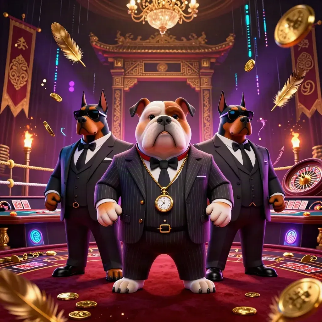 Cartoon mafia bulldog and two Dobermans amid casino glamour, neon effects, smoke, coins, and a spinning wheel