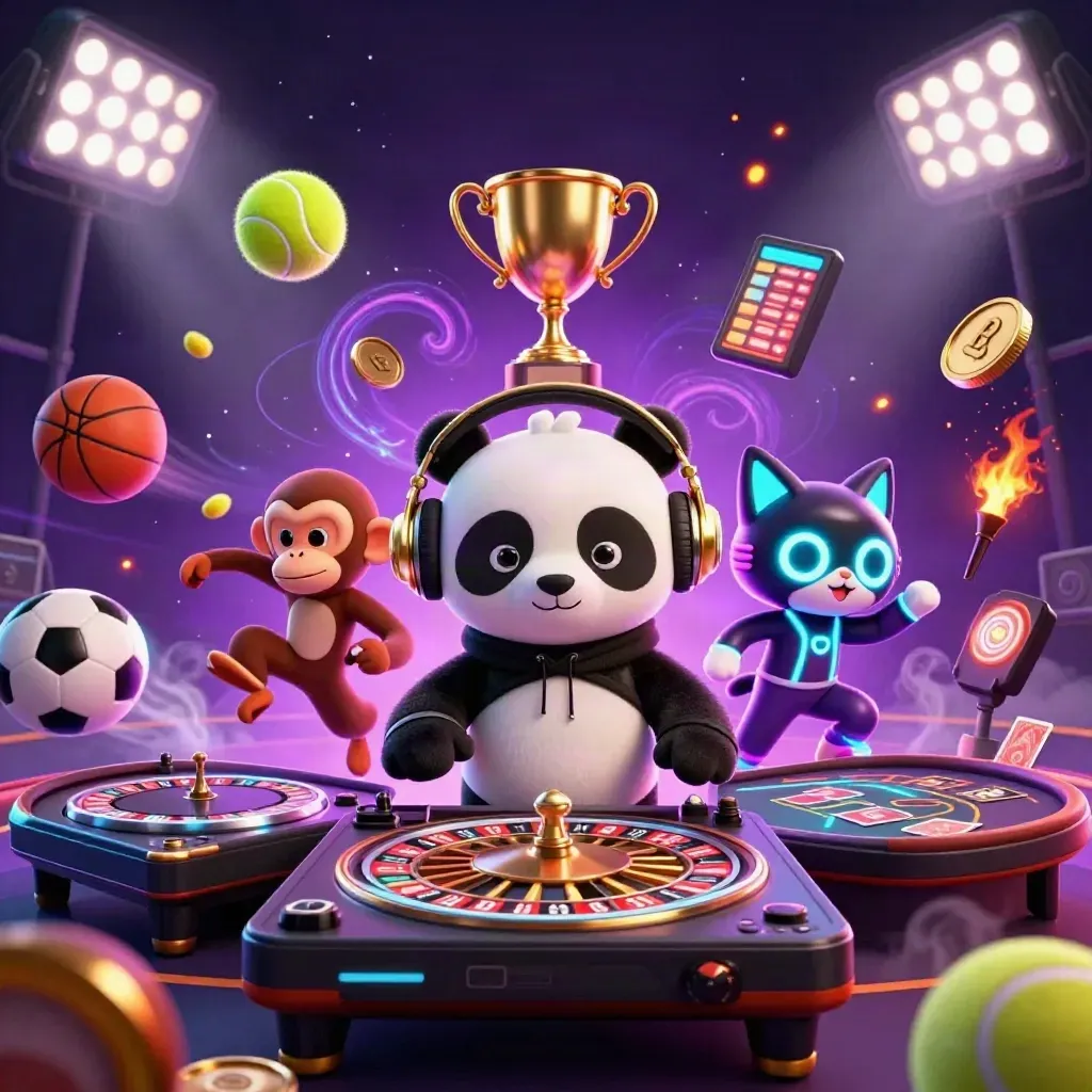 Panda DJ, breakdancing monkey, and glow-stick kitten amid casino lights and flying sports balls