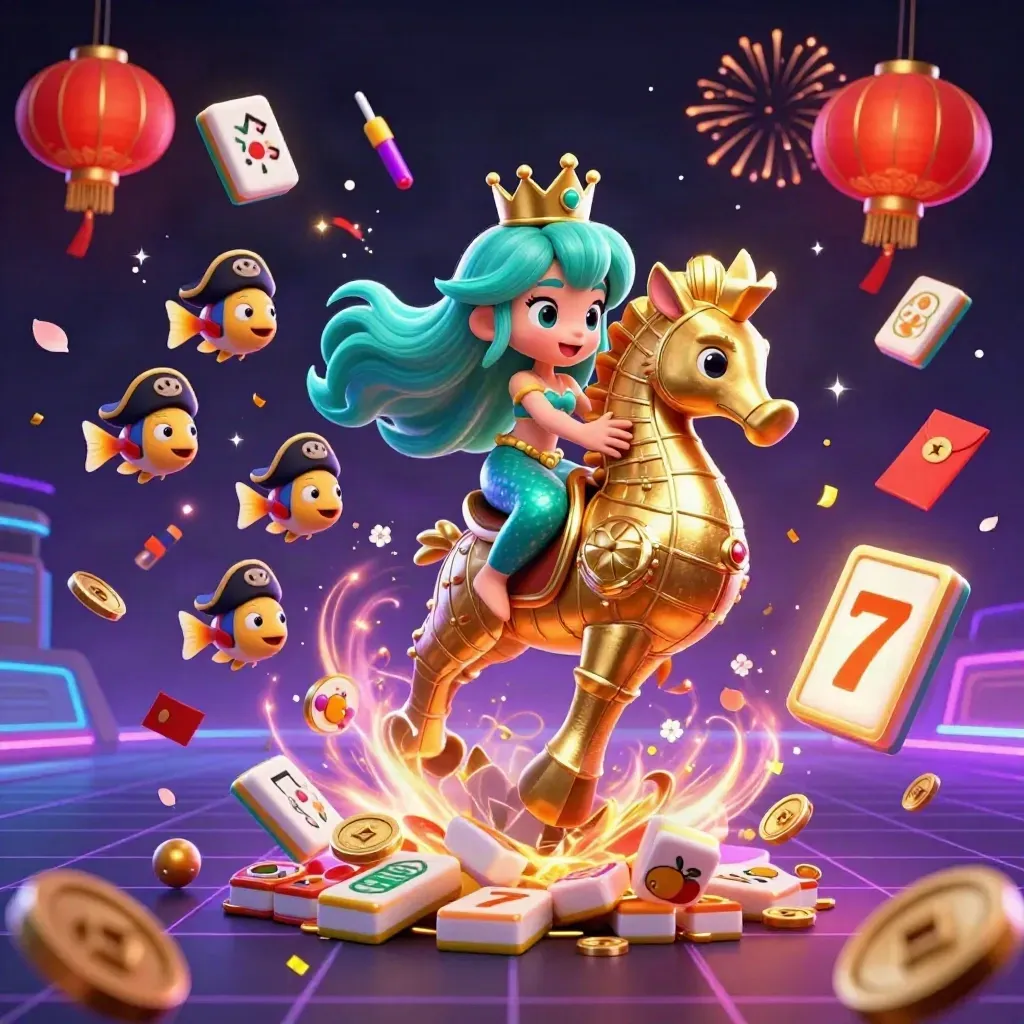 Mermaid princess riding a seahorse amid coins, lanterns, tiles, fireworks, and neon casino glow.