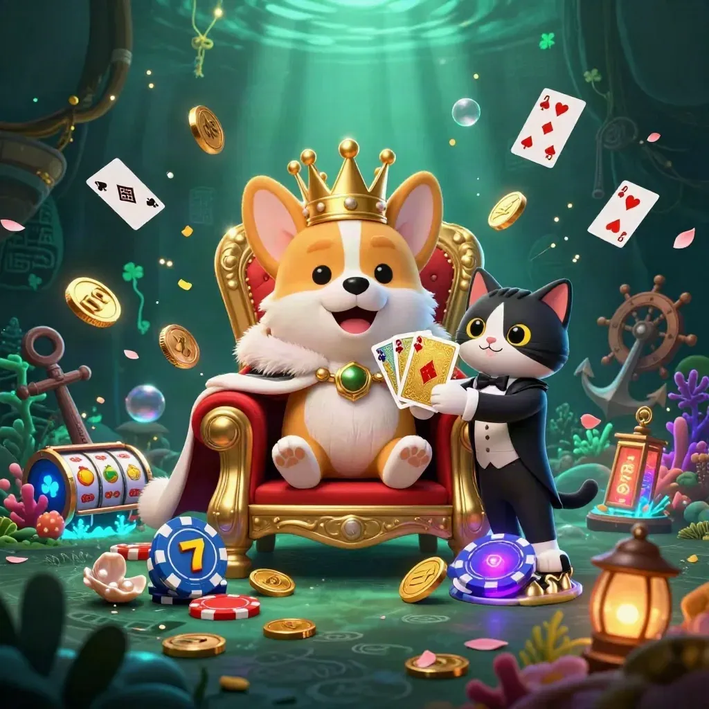 Royal corgi and cat butler amid underwater treasure, neon casino glow, gold coins and coral.