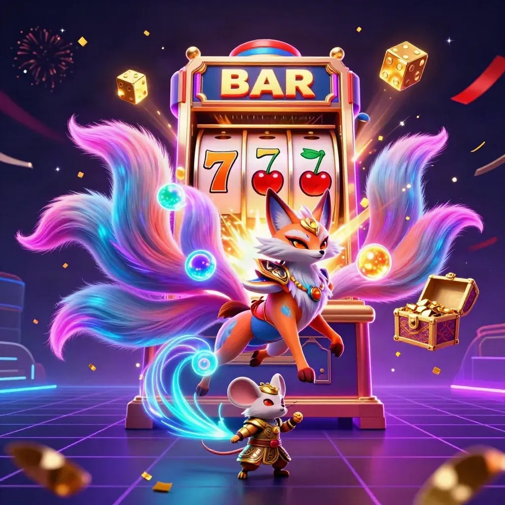 Nine-tailed neon fox spirit and armored mouse amid a bursting slot machine, gems, and gold.
