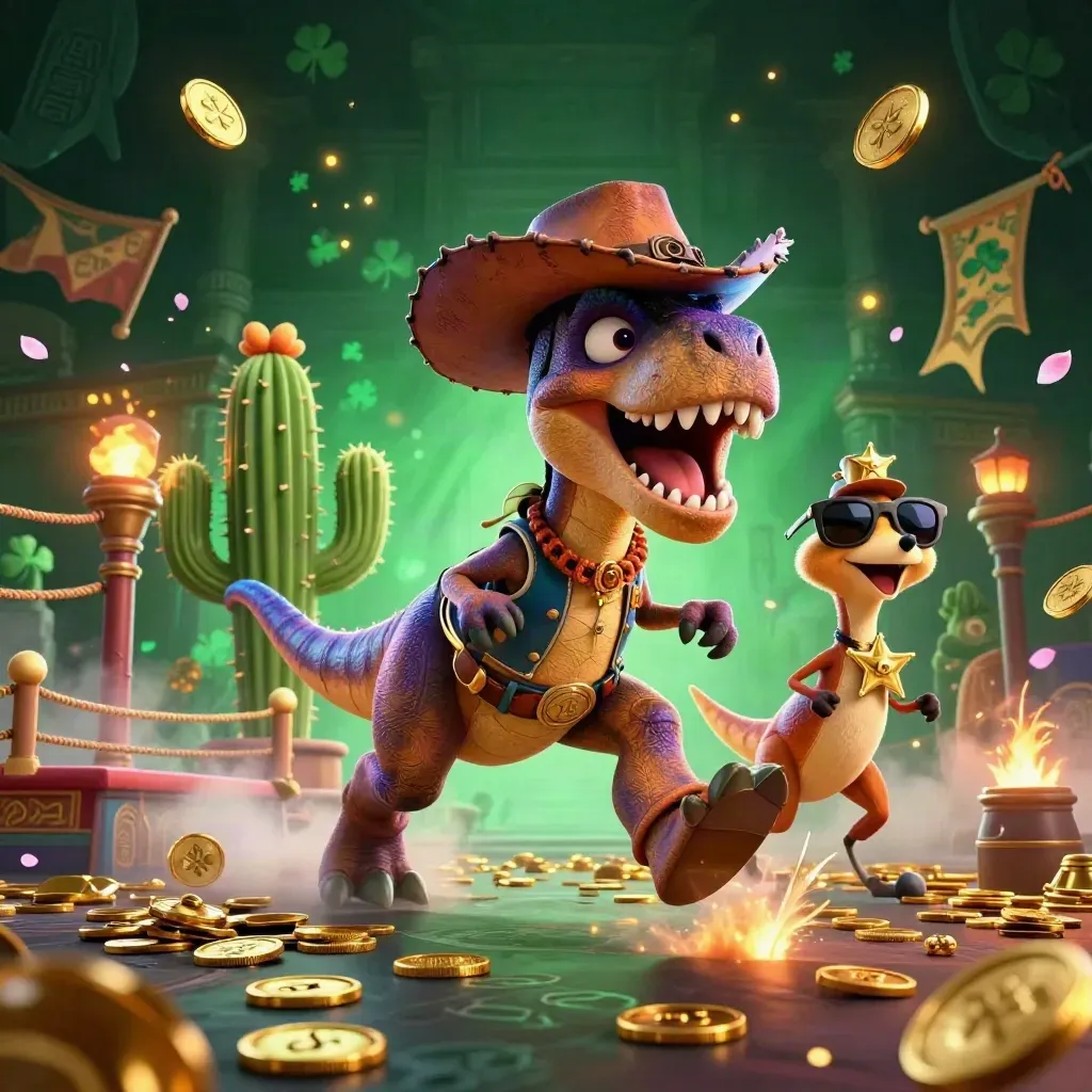 Cowboy T-Rex, cactus sidekick, and sheriff roadrunner burst through neon casino treasure