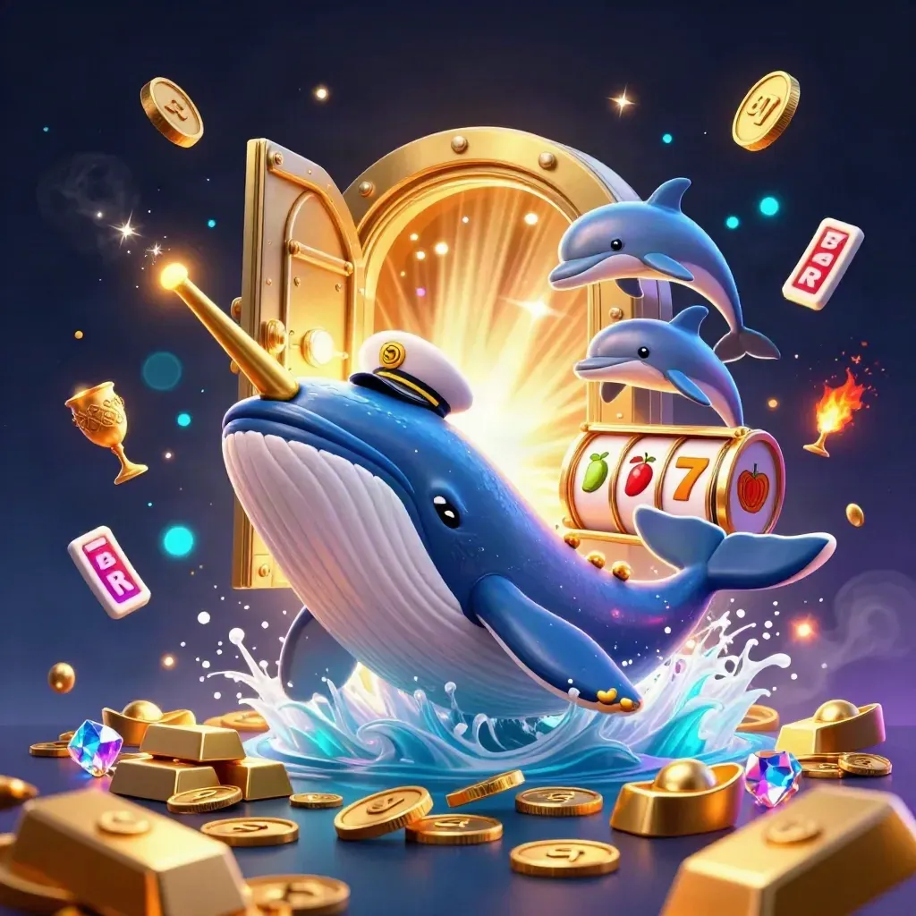 Captain whale, golden narwhal and dolphins burst through coins and a glowing vault.