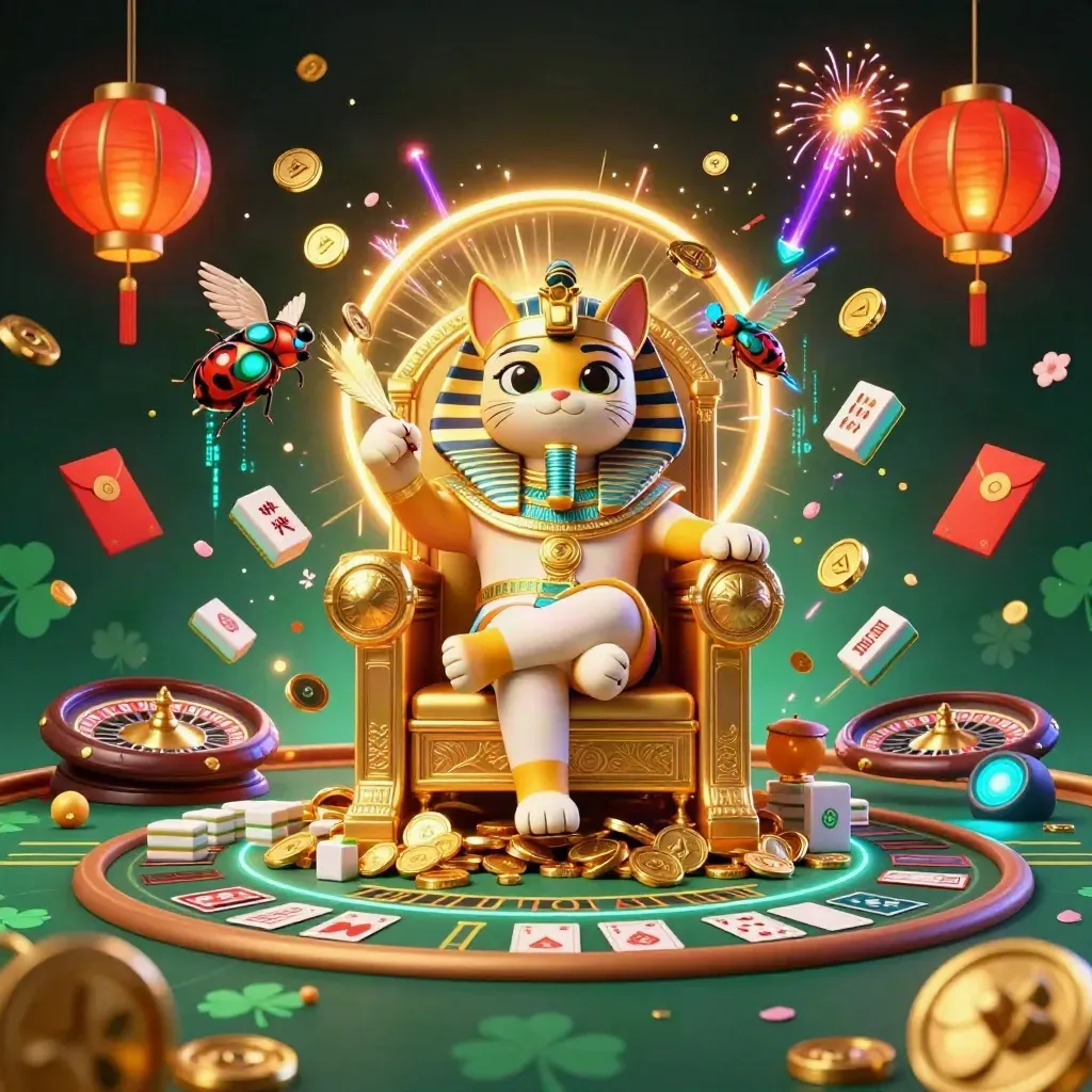 Pharaoh cat on golden throne with ibis scribe, scarabs, coins, lanterns, fireworks, and casino table glow