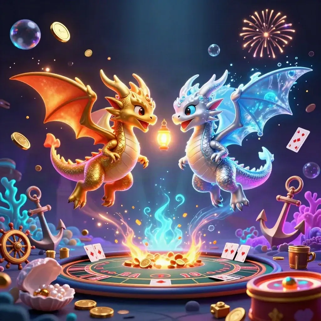 Gold and silver dragons spiral through a glowing treasure cove with coins, cards, and casino symbols.