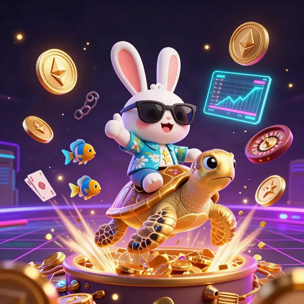 Lucky rabbit rides a golden sea turtle amid crypto coins, roulette, cards and fireworks