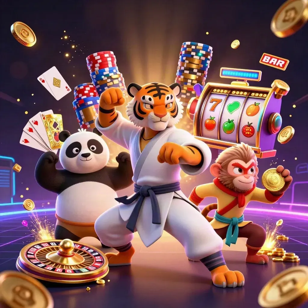Tiger, panda, and monkey casino heroes amid coins, roulette wheel, chips, and neon glow.