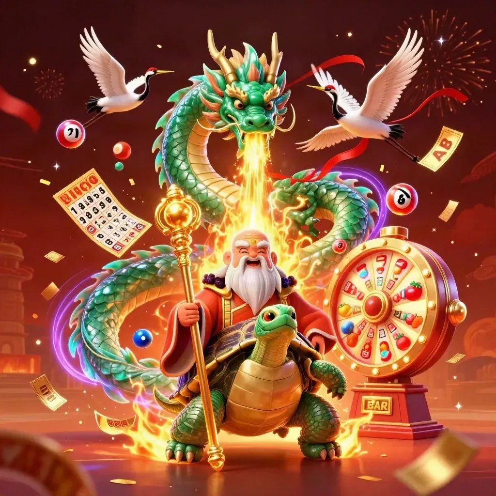 Emerald dragon, turtle sage, and cranes amid casino reels, bingo cards, fireworks, and glowing gold fire.