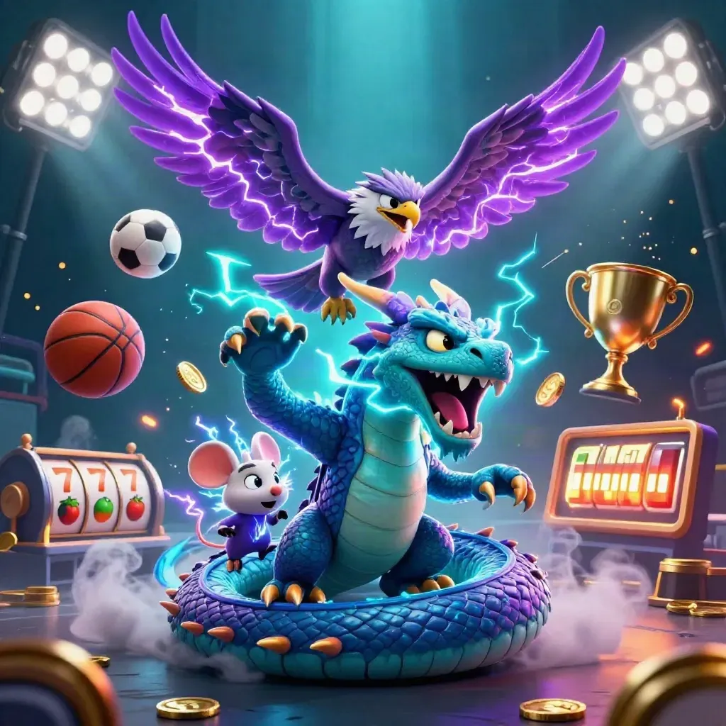 Thunder dragon, wind hawk, and static mouse amid casino sports bursts and neon lightning.