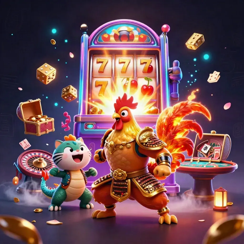 Rooster samurai, dragon hatchling and fortune cat amid casino loot and neon glow