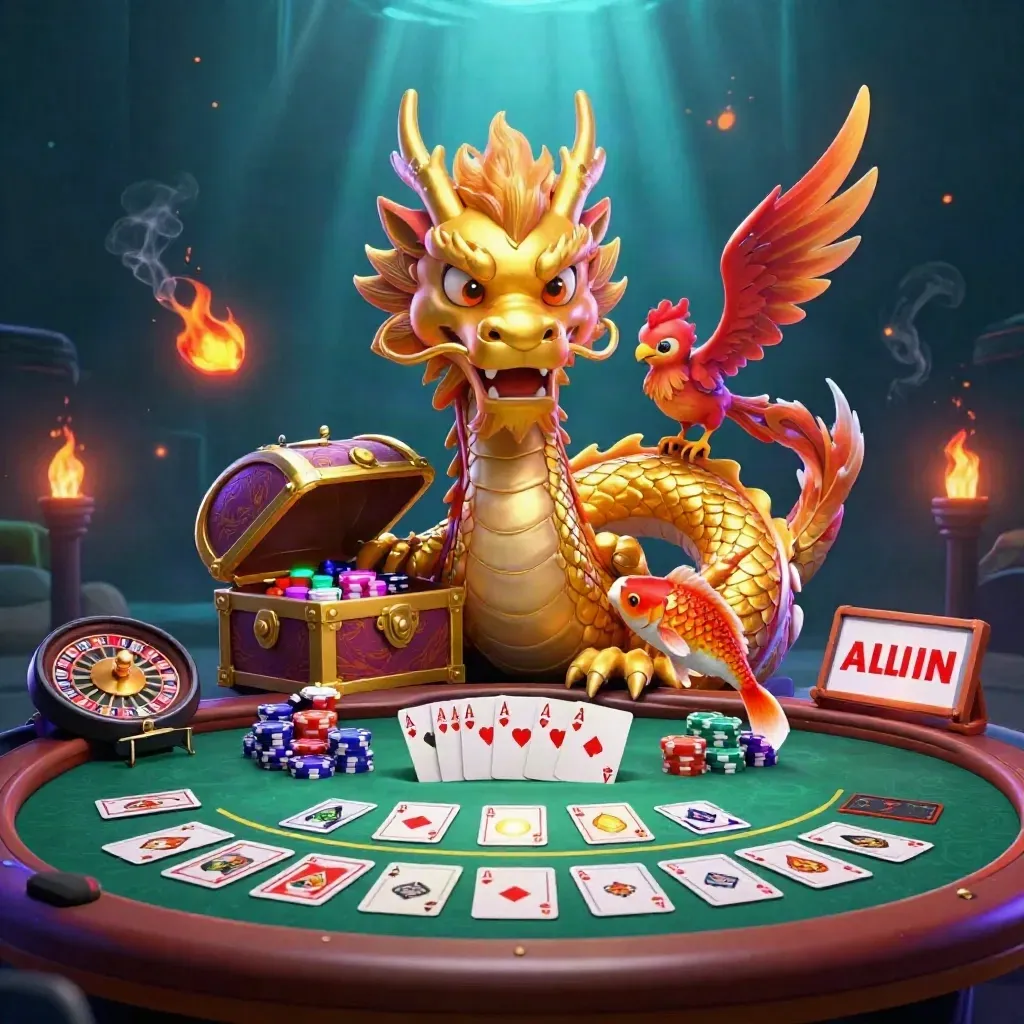 Golden dragon and phoenix over casino chips, cards, roulette wheel, with neon glow.