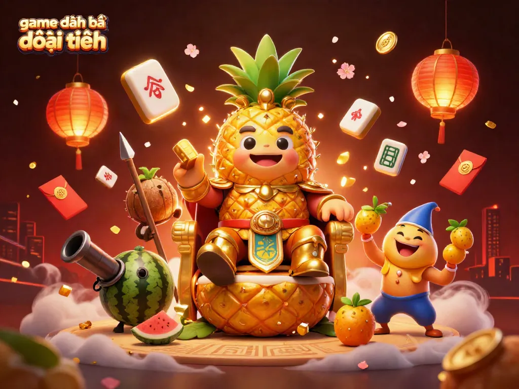 Engage in the thrilling game đánh bài đổi thưởng with a festive 3D casino scene featuring a pineapple king and vibrant decorations.