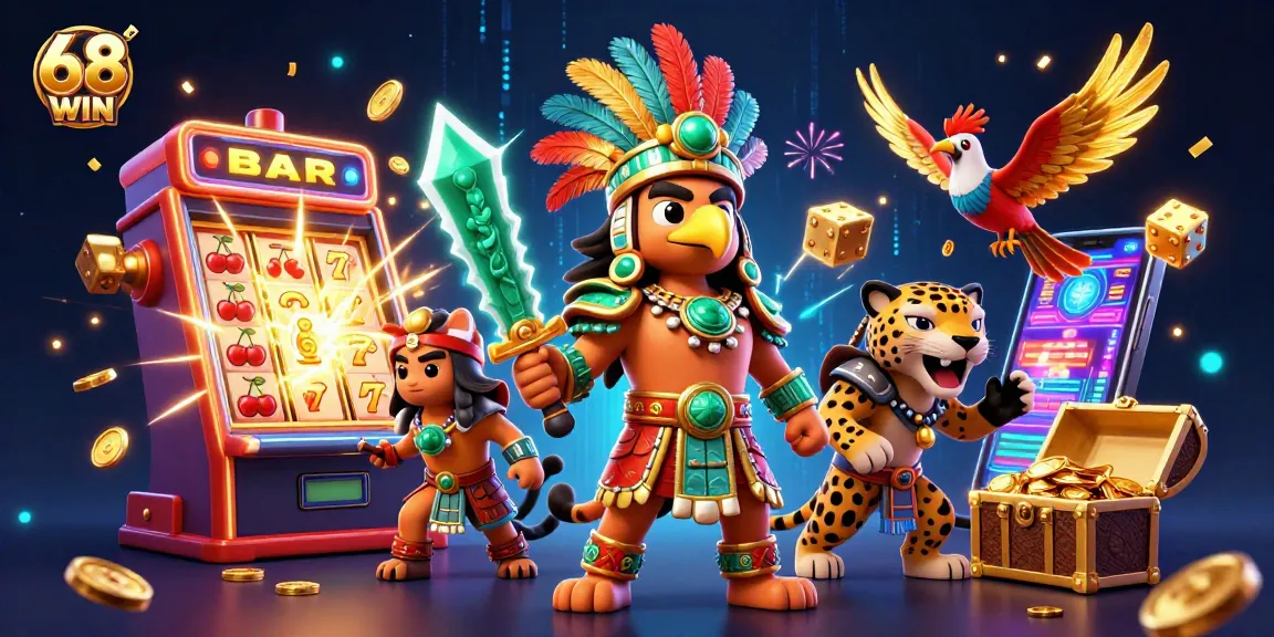 Celebrate wins at 68 WIN with an energetic online casino 3D scene featuring game themes and jackpots.