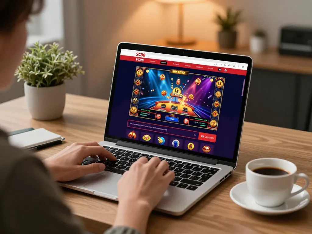 Engaged player using SC88 casino app on laptop in a stylish home office setting.