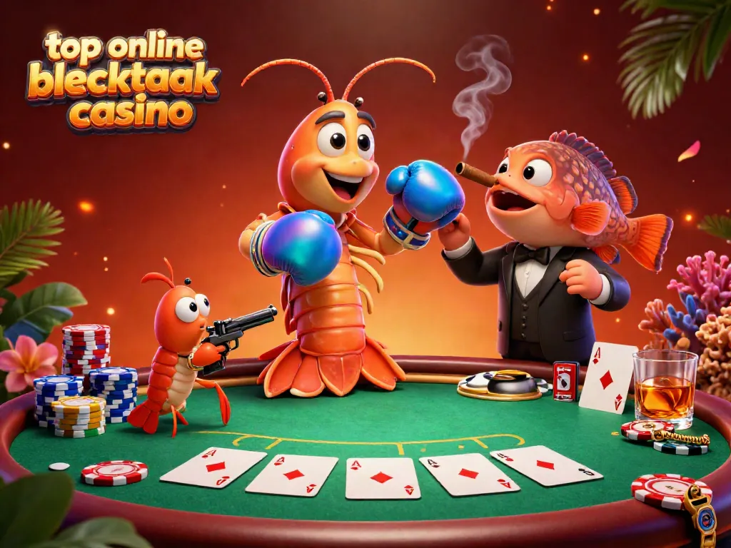 Experience the excitement at a top online blackjack casino with vibrant characters and poker elements.