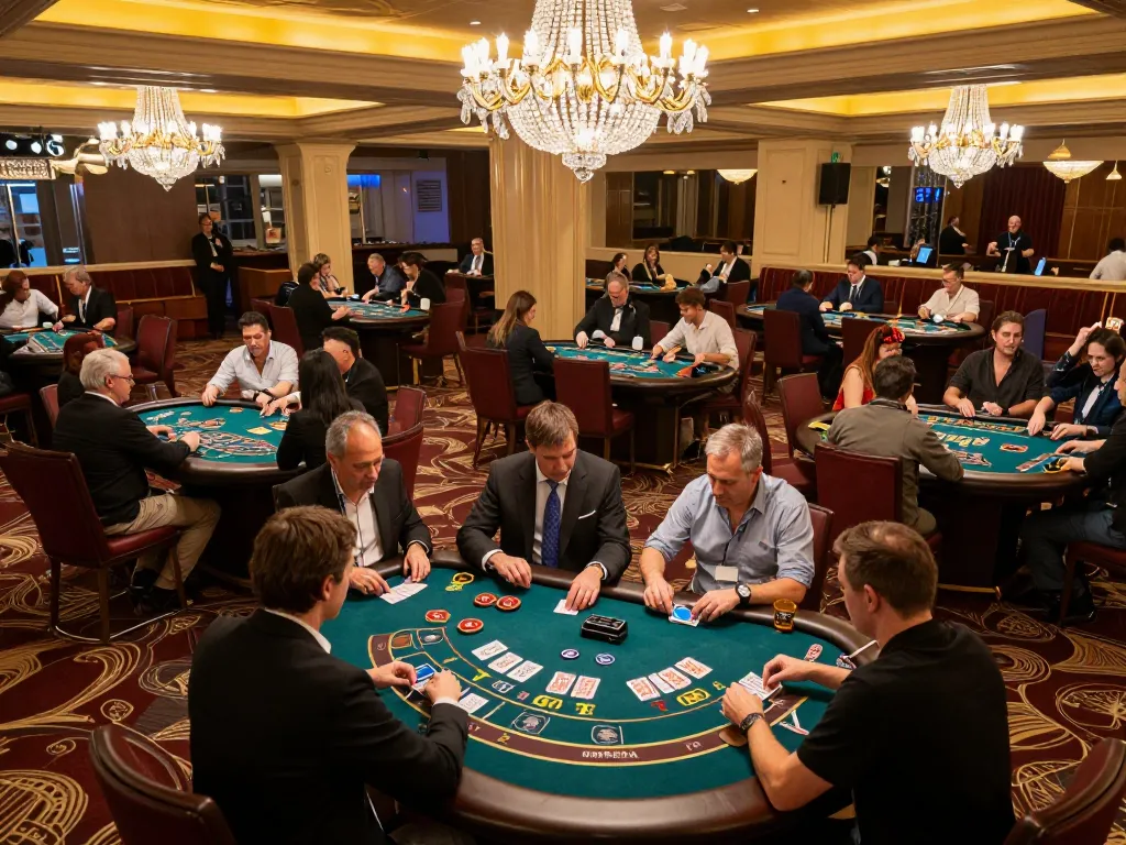 NHÀ CÁI F168 offers an exciting casino gaming floor with players engaged in strategic gameplay under warm ambient lighting.