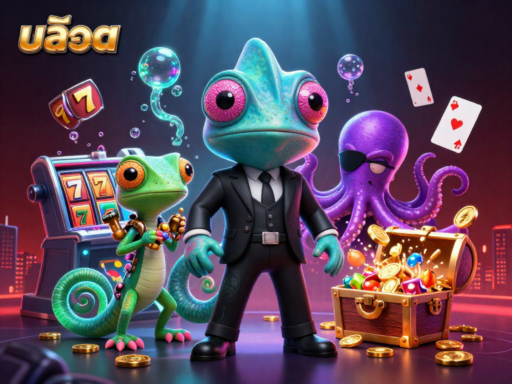 Slots illustration featuring สล็อต, a chameleon secret agent, a tech-savvy gecko, and a villain octopus in a casino scene.