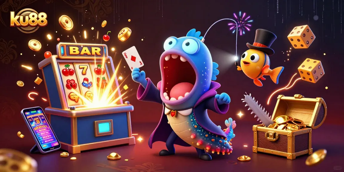 Engage with ku88's vibrant casino gaming scene featuring animated deep-sea characters and jackpot excitement.