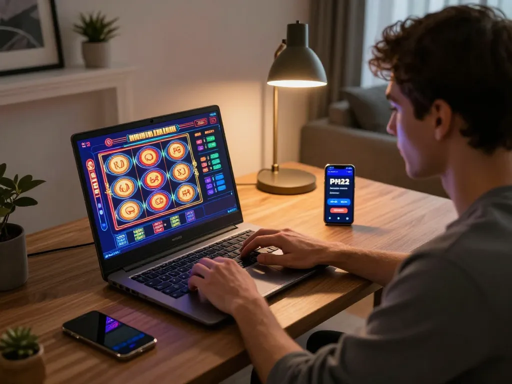 Experience a thrilling online gaming session at PH22, enjoying modern slots on a high-end laptop in a vibrant home office.