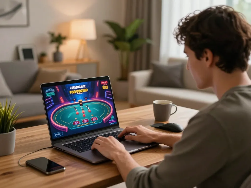 Engaged player enjoying cm88game at home, focused on online casino action with immersive atmosphere.