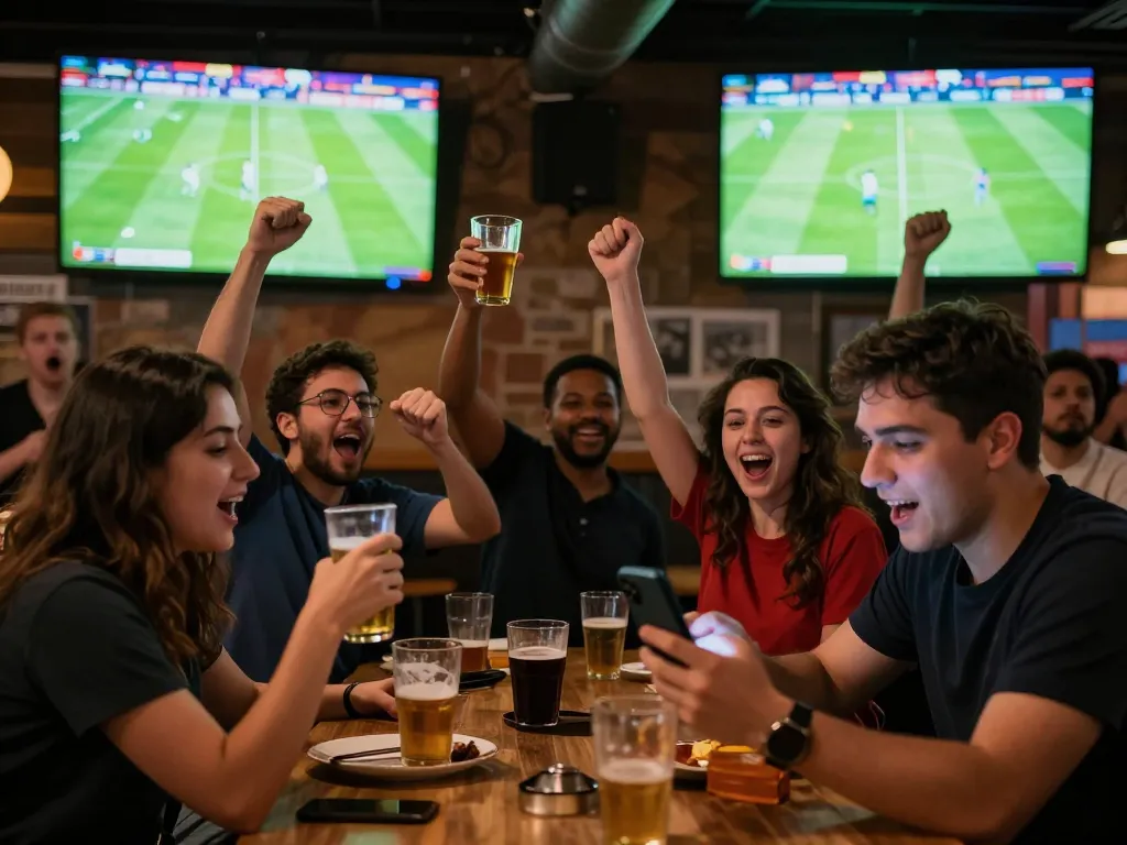 Fans engaging in sports betting while watching trực tiếp bóng đá socolive highlights on large screens in an electric atmosphere.