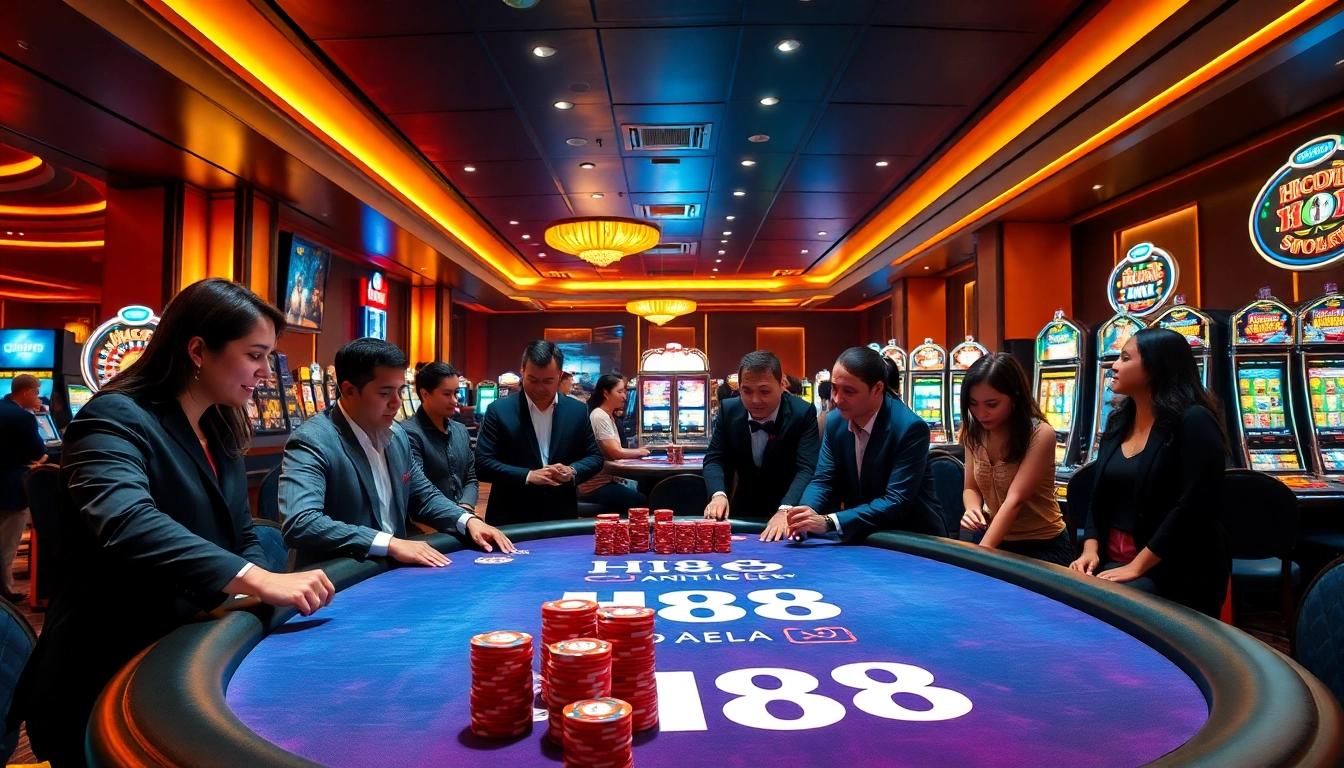 Experience thrilling gameplay at Hi88's luxury poker table with eager players and professional dealers.