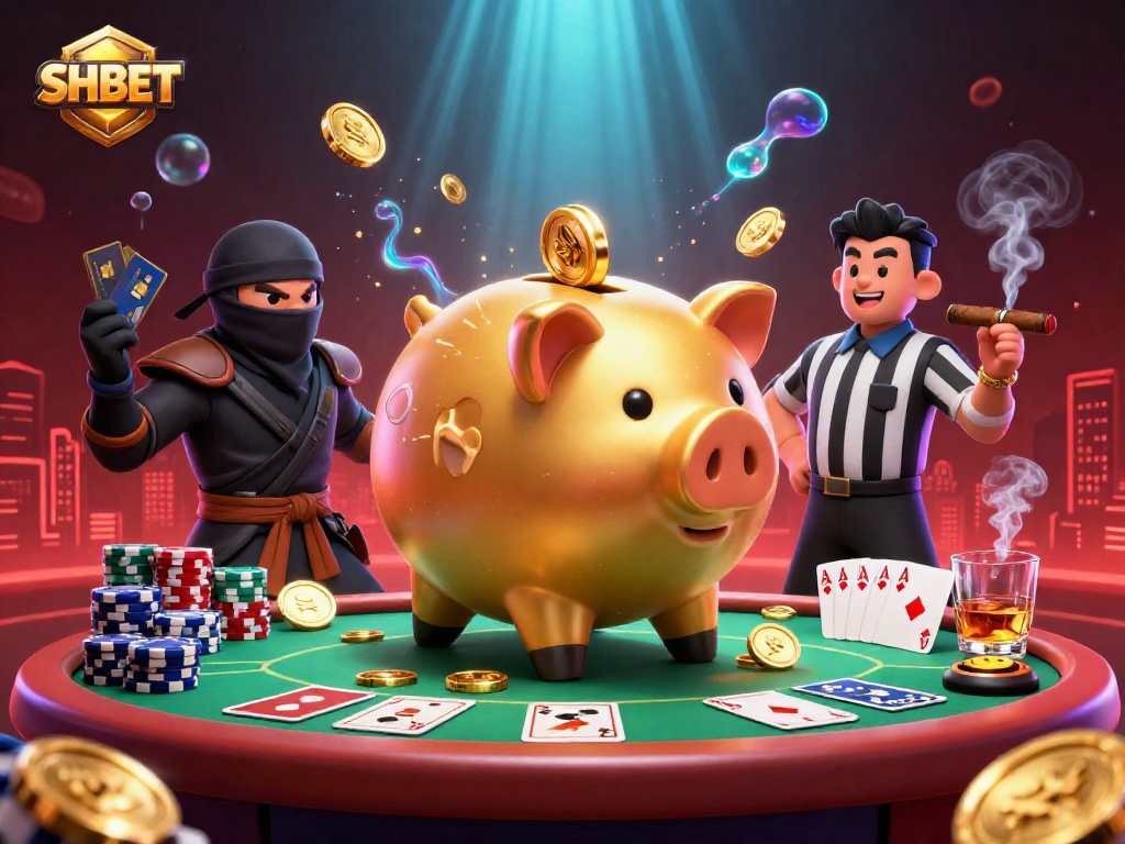 Engage with SHBET's vibrant casino entertainment featuring a dynamic illustration of characters and poker elements.