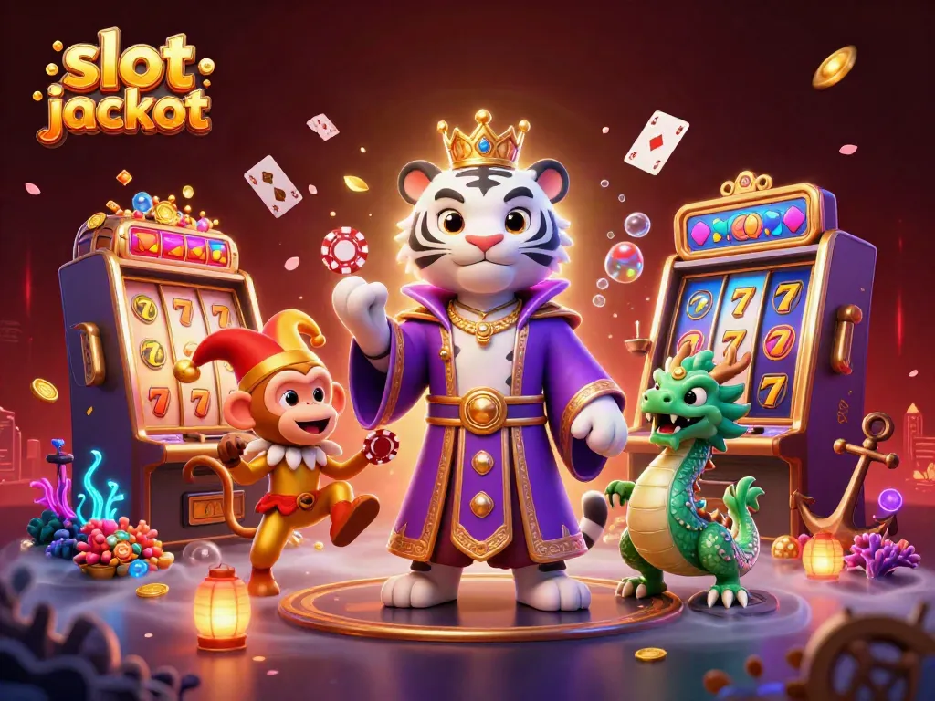 Engaging scene depicting slot jackpot excitement with a royal tiger, jester monkey, and lively jade dragon, highlighting colorful slots.