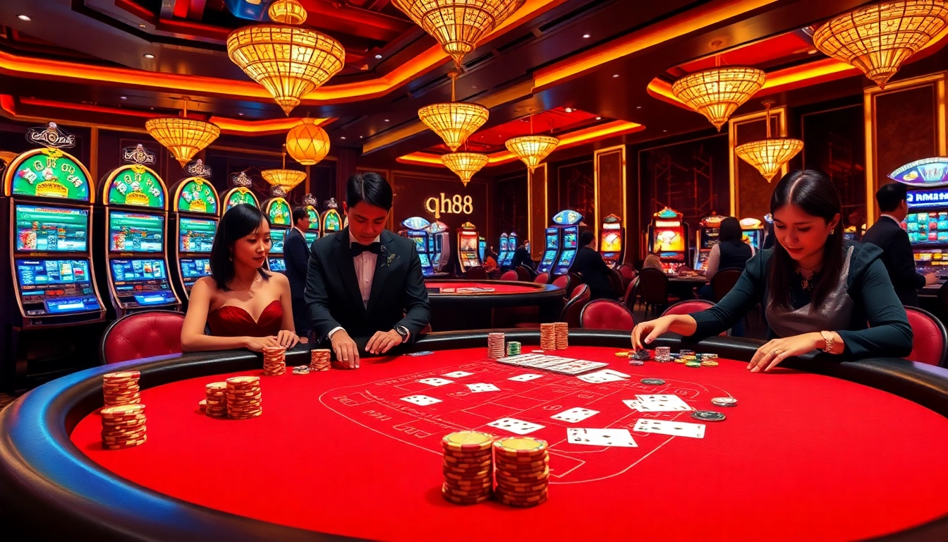 Experience the excitement of qh88 at a luxurious casino with professional dealers and vibrant baccarat action.