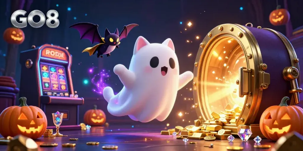 Engage with the lively GO8 graphic showcasing a ghost cat and vampire bat in a vibrant haunted casino scene.