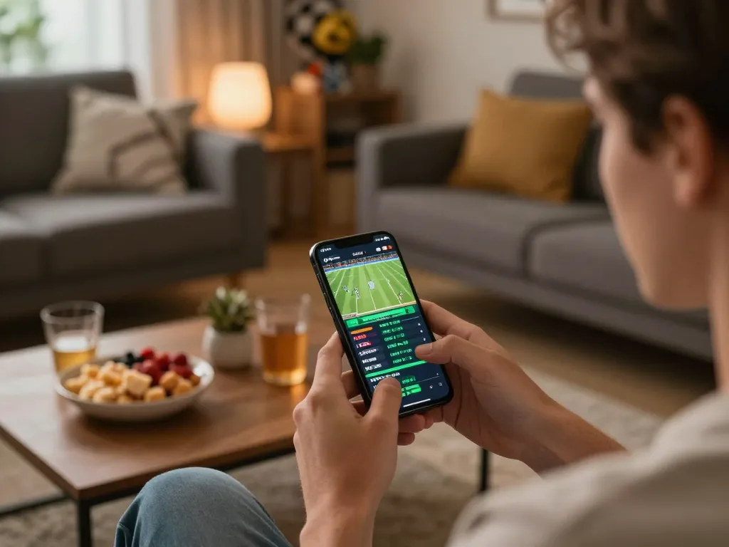 Xoilac user engaging with a sports betting app on smartphone, cozy living room, exciting atmosphere