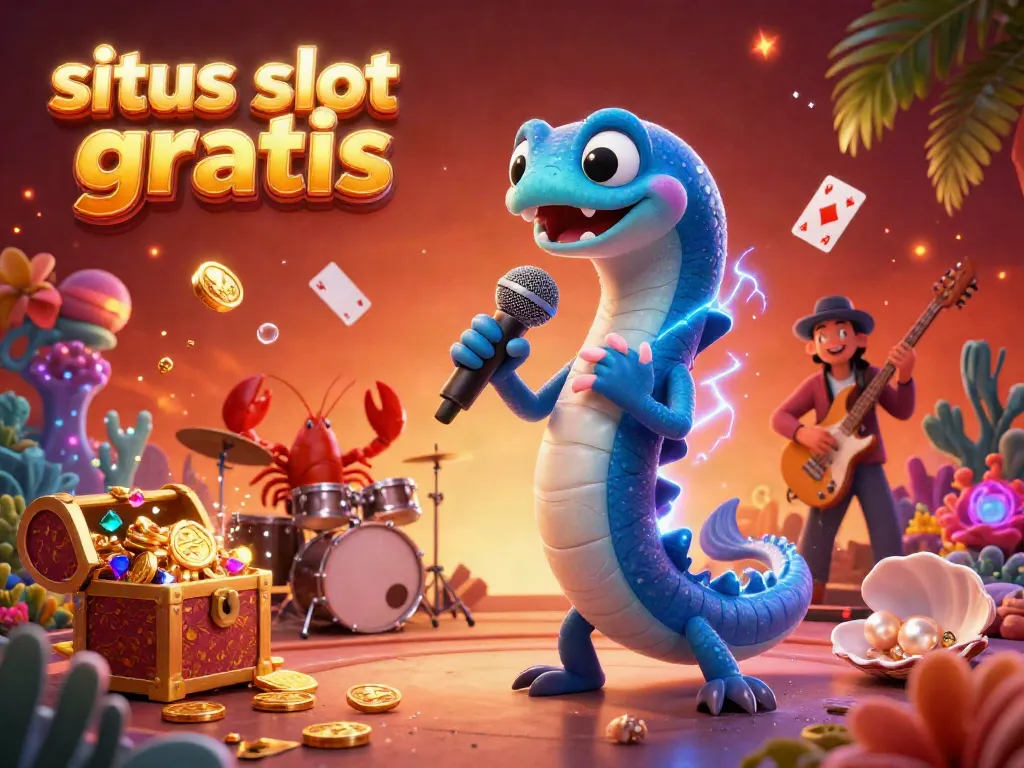 Experience the excitement of situs slot gratis with vibrant visuals from an underwater casino scene featuring a DJ eel and colorful band.