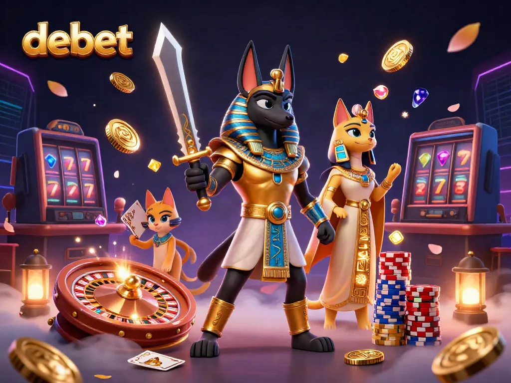 Experience the thrill of debet with a dynamic casino scene featuring ancient Egyptian warriors and vibrant gaming elements.