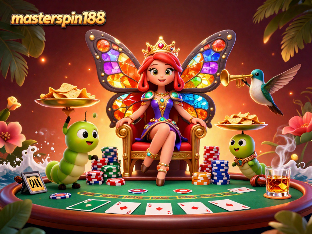 Experience vibrant gaming at masterspin188 with a colorful 3D casino scene filled with poker elements.