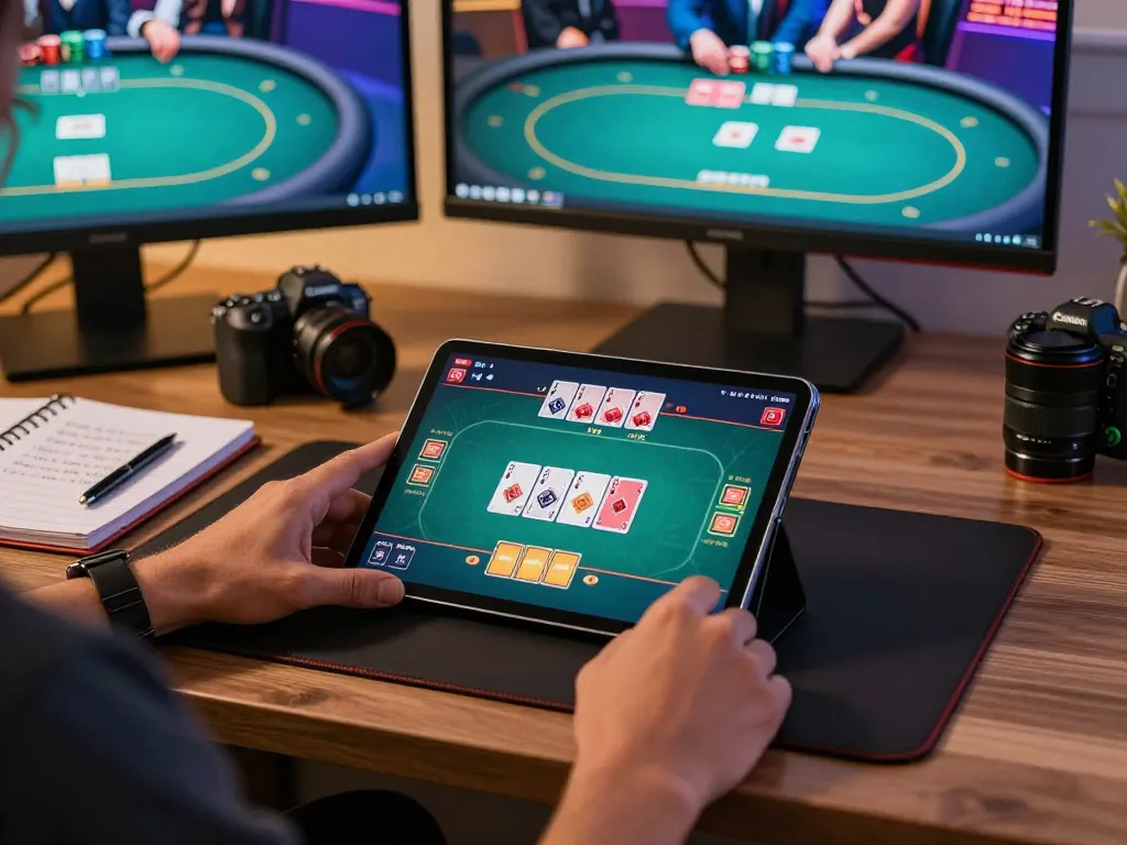 Engaging in online poker strategy at vipwin79 with a tablet and gaming accessories.