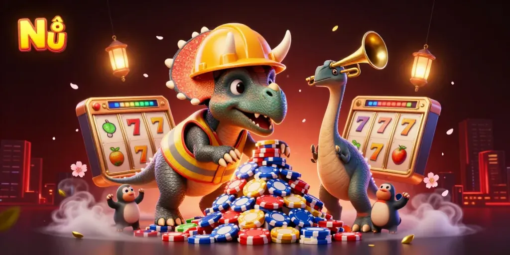 Nổ Hũ showcases a lively triceratops building poker chip towers amidst celebrations, capturing the excitement of the jackpot game.