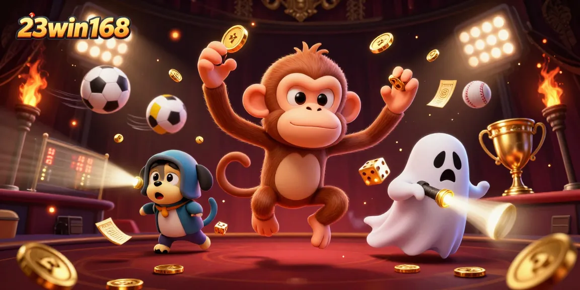 Engage with 23win168's thrilling gaming experience as a mischievous ghostly monkey dazzles while coins and sports elements fill the haunted casino backdrop.