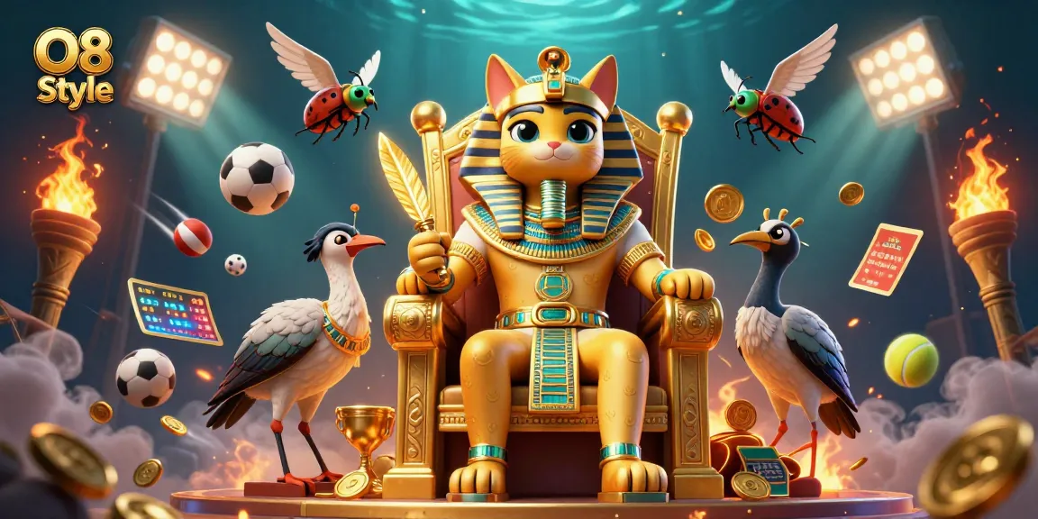 Win big with O8 Style's dynamic gaming scene filled with pharaoh cats and sports betting elements.