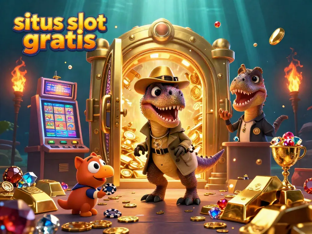 Spin and win with situs slot gratis in an action-packed scene featuring a velociraptor card counter and treasure.