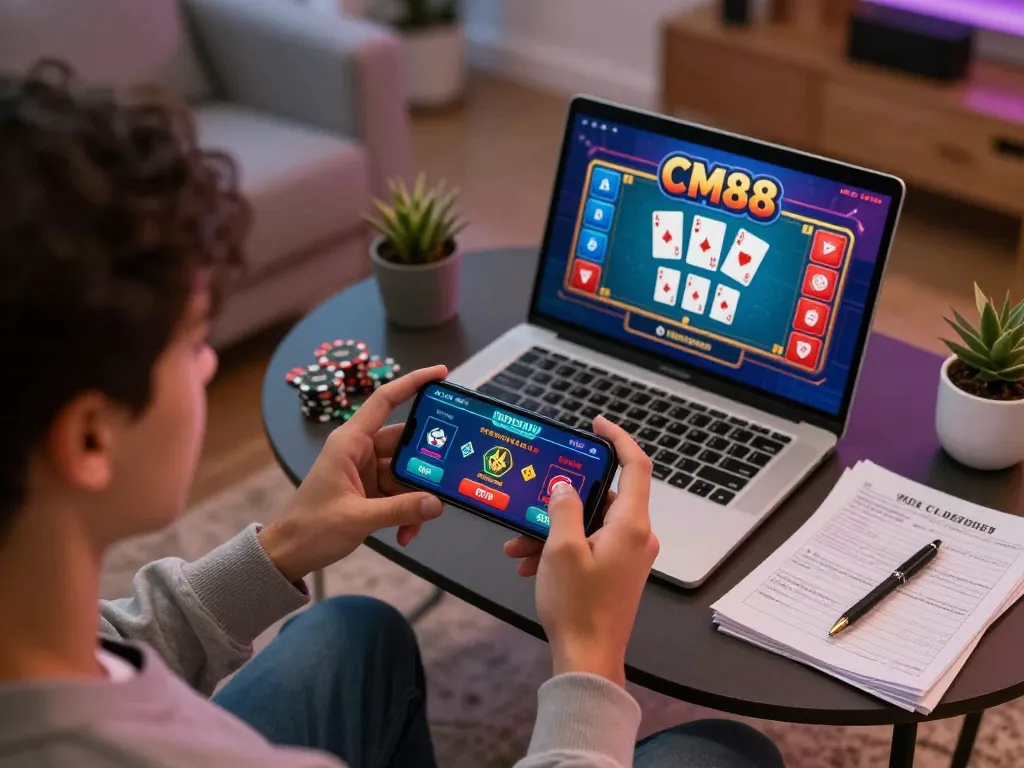 Engaging with the CM88 casino app on smartphone showcasing poker bets and strategy in a cozy home.