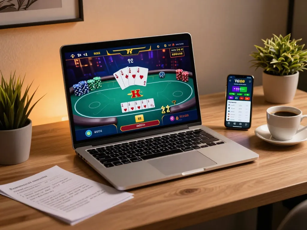 Engaging online gaming scene displaying TG88 app interface and poker gameplay strategy.