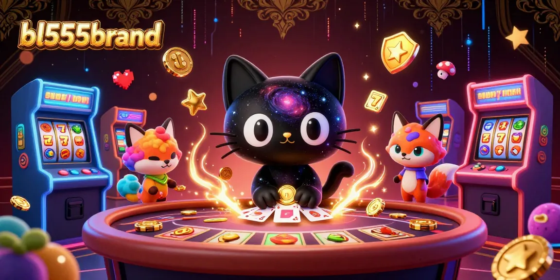 Experience excitement at bl555brand's cosmic casino table with a charming black hole cat and colorful gaming elements.